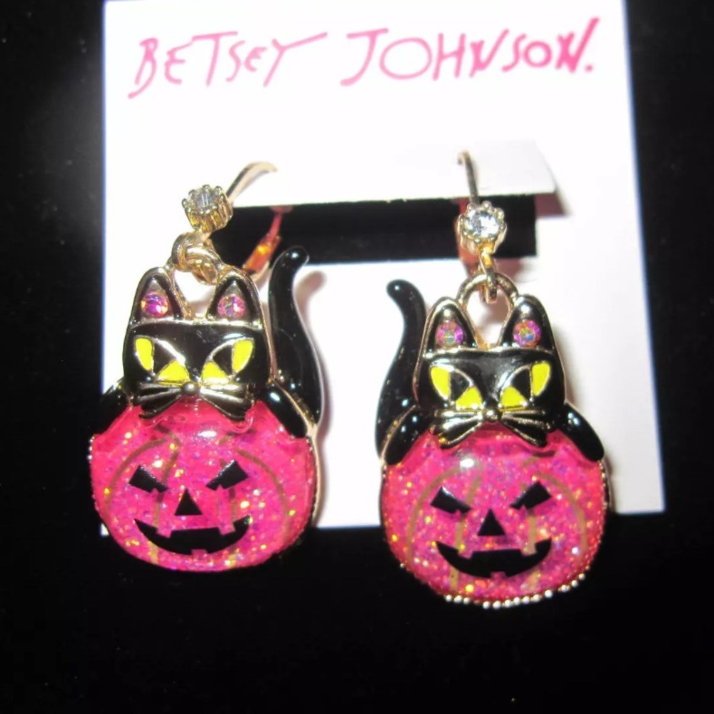 New Betsey Johnson Faux Stone Cat Pumpkin Drop Earrings - Picture 1 of 8